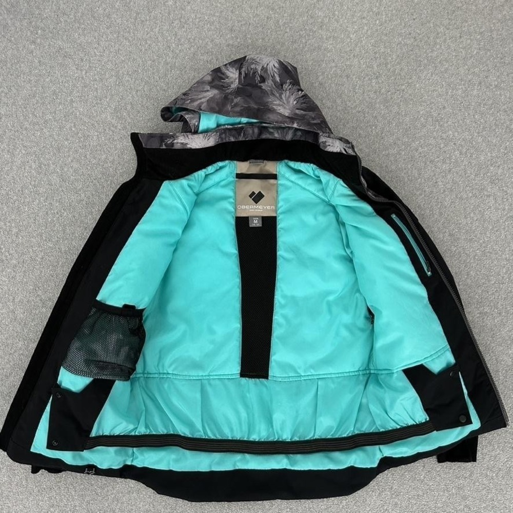 Obermeyer Ski Snow Jacket Teen Medium 10-12 Black‎ Floral Hooded Soft Shell - Picture 5 of 11